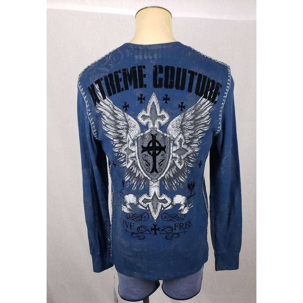 Xtreme Couture Shirt Mens Large Blue Thermal Long Sleeve Cross‎ Wings Graphic